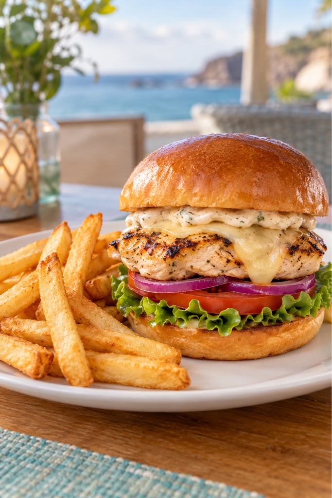 Hamburguesa de pollo con papas