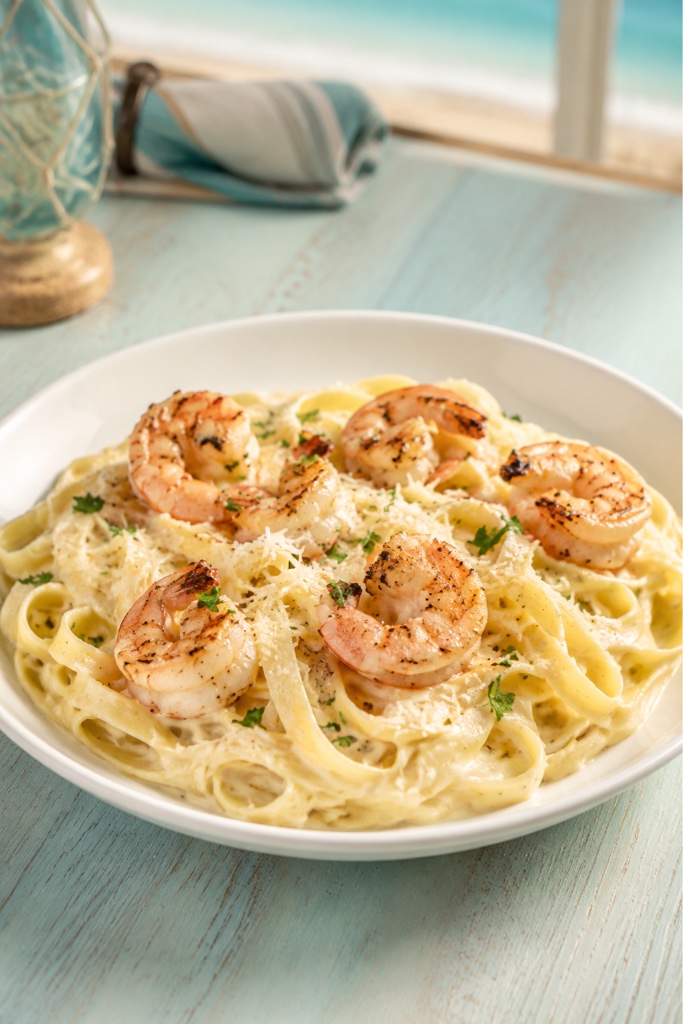 Pasta Alfredo con camarones
