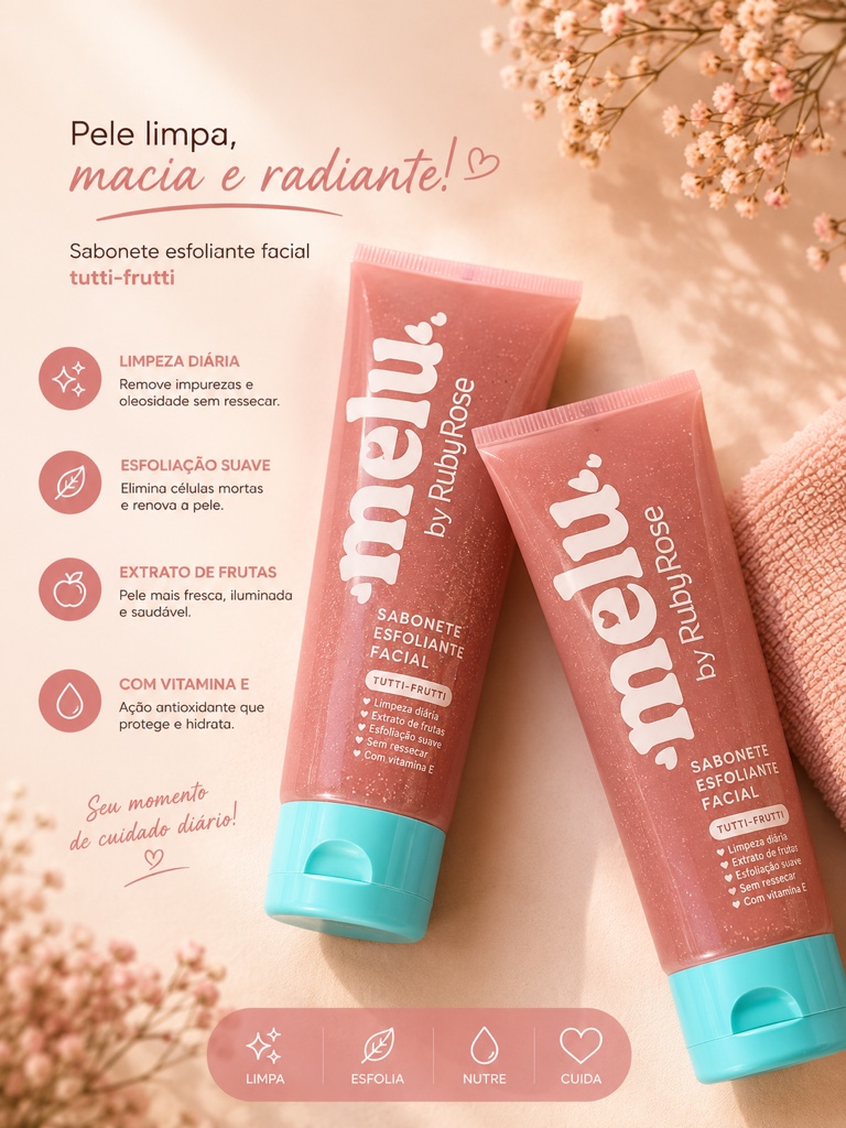 Ruby Rose Melu sabonete esfoliante facial tutti-frutti