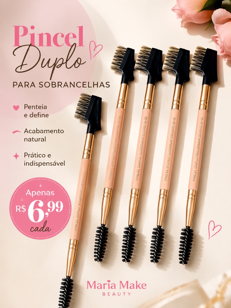 Maria Make Pincel Duplo para sobrancelhas rosa