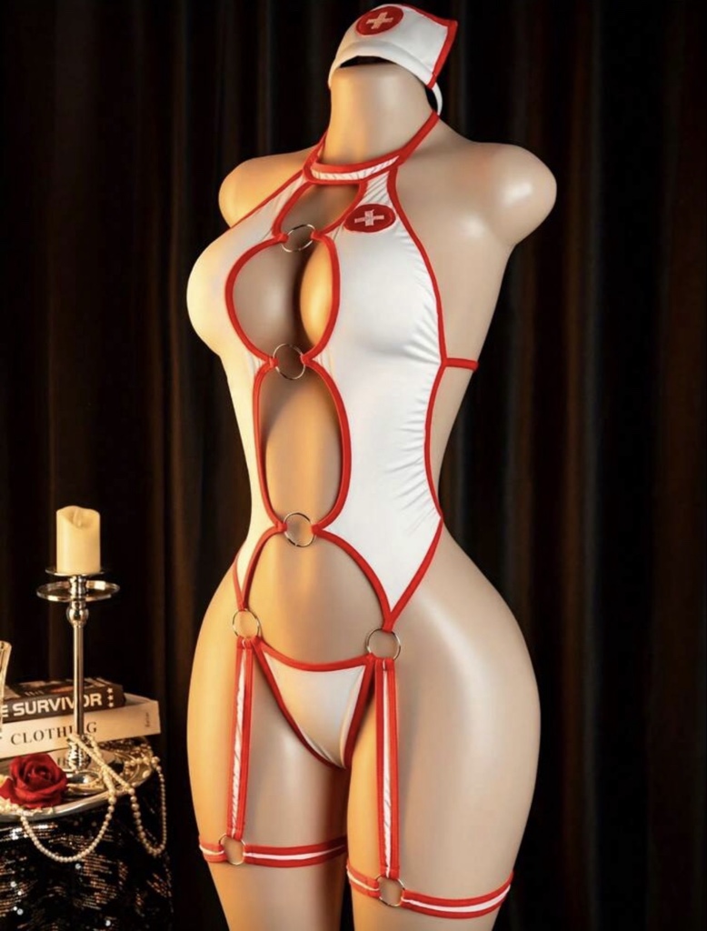 Fantasia Lingerie de Enfermeira Sexy com Recortes e Tiras – Branco e Vermelho