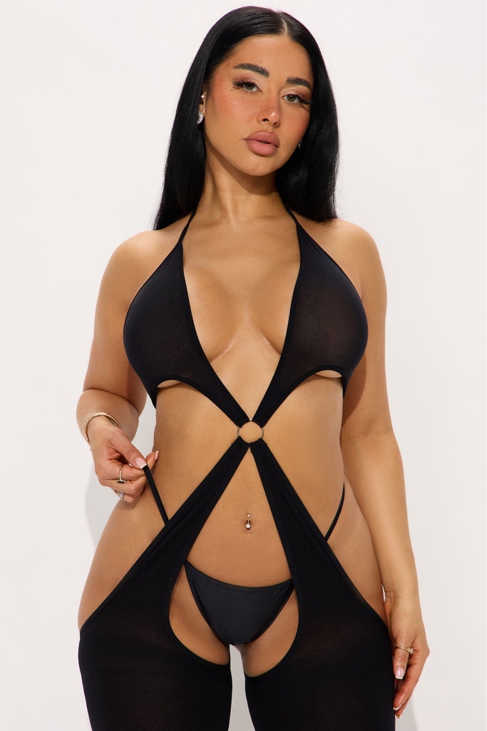 Macacão de Corte de Tentação Bodystocking - Preto