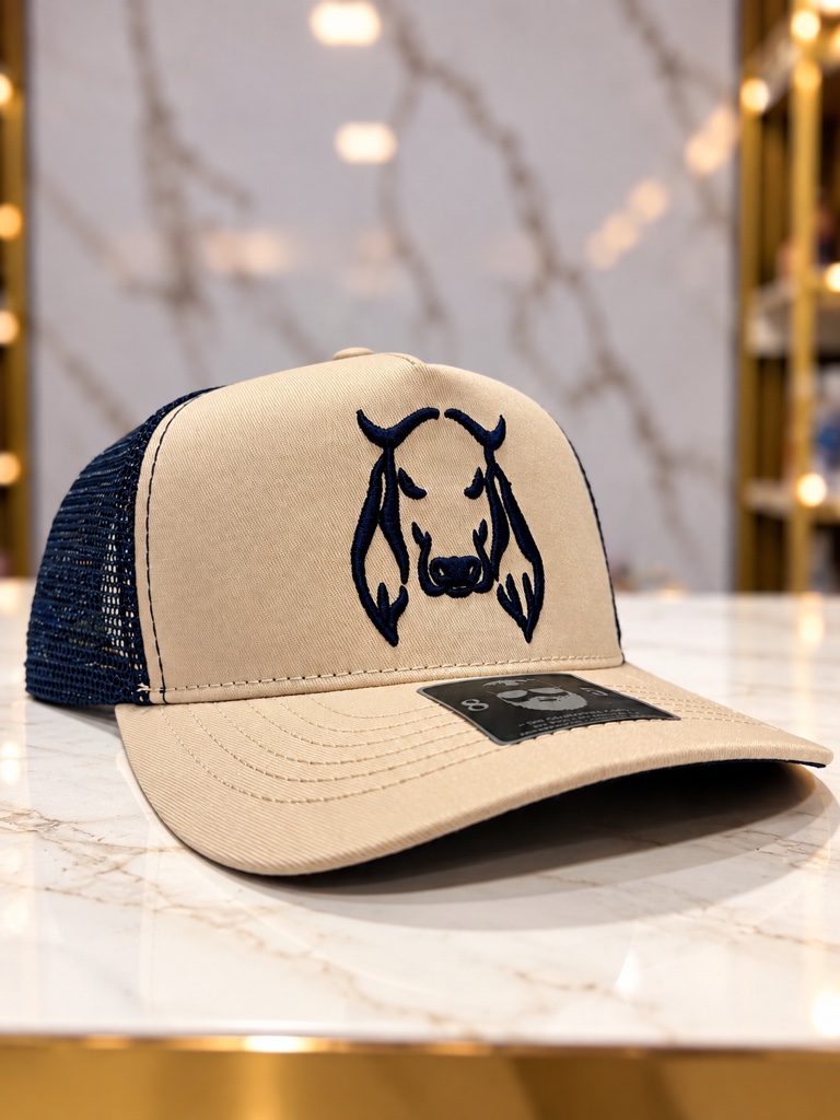 Gorra beige y azul tipo trucker