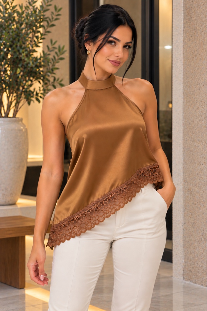Blusa satin asimétrica café encaje halter