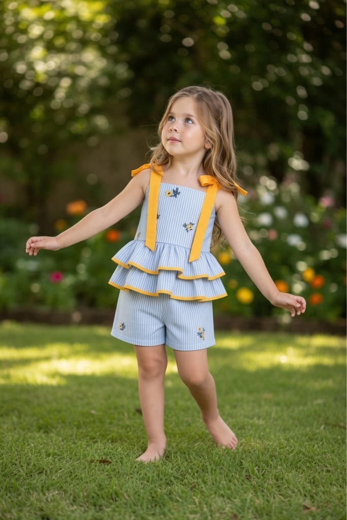 Set infantil azul líneas con flores bordadas