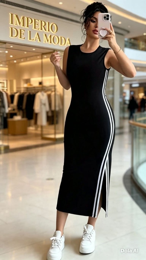 Vestido sin mangas con abertura, cuello redondo y decoración de blogues de color TODAS LAS TALLAS