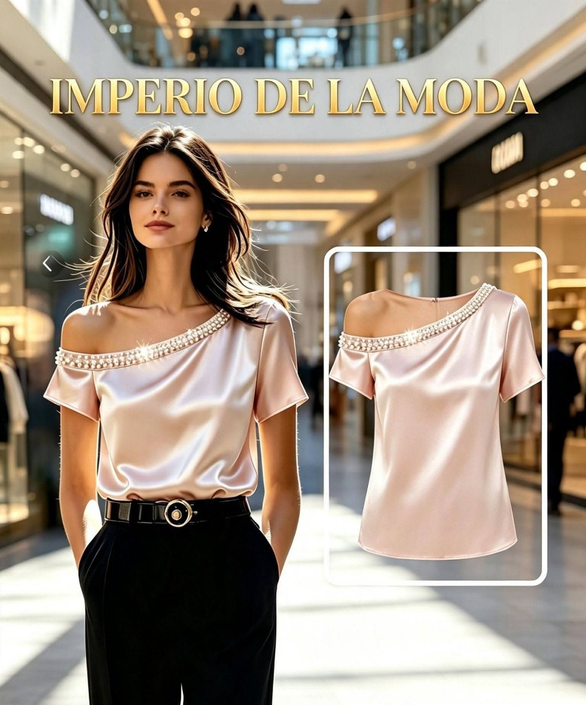Blusa elegante de satén para mujer, tipo socialité de lujo ligero, con hombros descubiertos y manga corta, adornada con perlas pesadas color rosa champán claro, para trayectos diarios, citas y cenas, ZLLZ