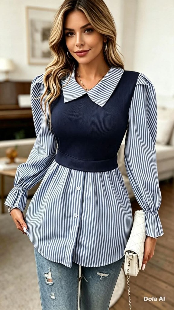 Camisa de Muje de Manga Larga con Solapa, Rayas Azules y Blancas, Blusa Holgada y Ajustada TODAS LAS TALLASTODAS LAS TALLAS