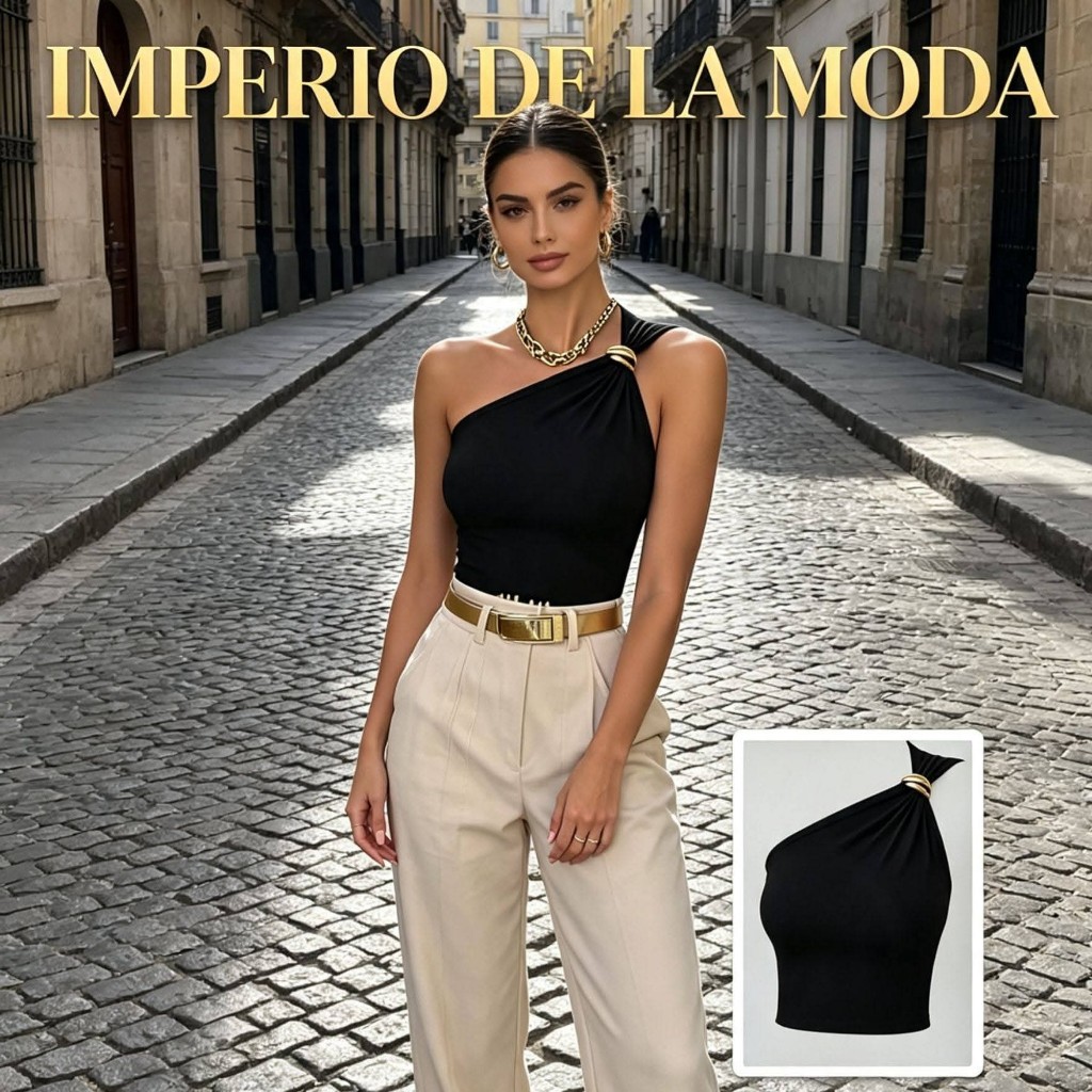 Camiseta de tirantes entallada negra asimétrica sin mangas con anillo de metal y rudo torcido de hombros descubiertos I Top de cuello halte sin mangas de hombros descubiertos de ajuste entallado y alta elasticidad, ropa interior elegante para usar debajo, para superponer con traje de trabaic
