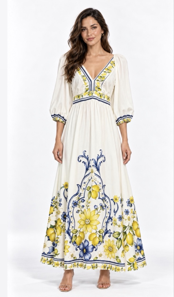 Vestido manga bufante floral limão