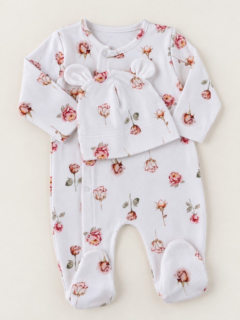 Set de enterizo y gorrita diseño rosas