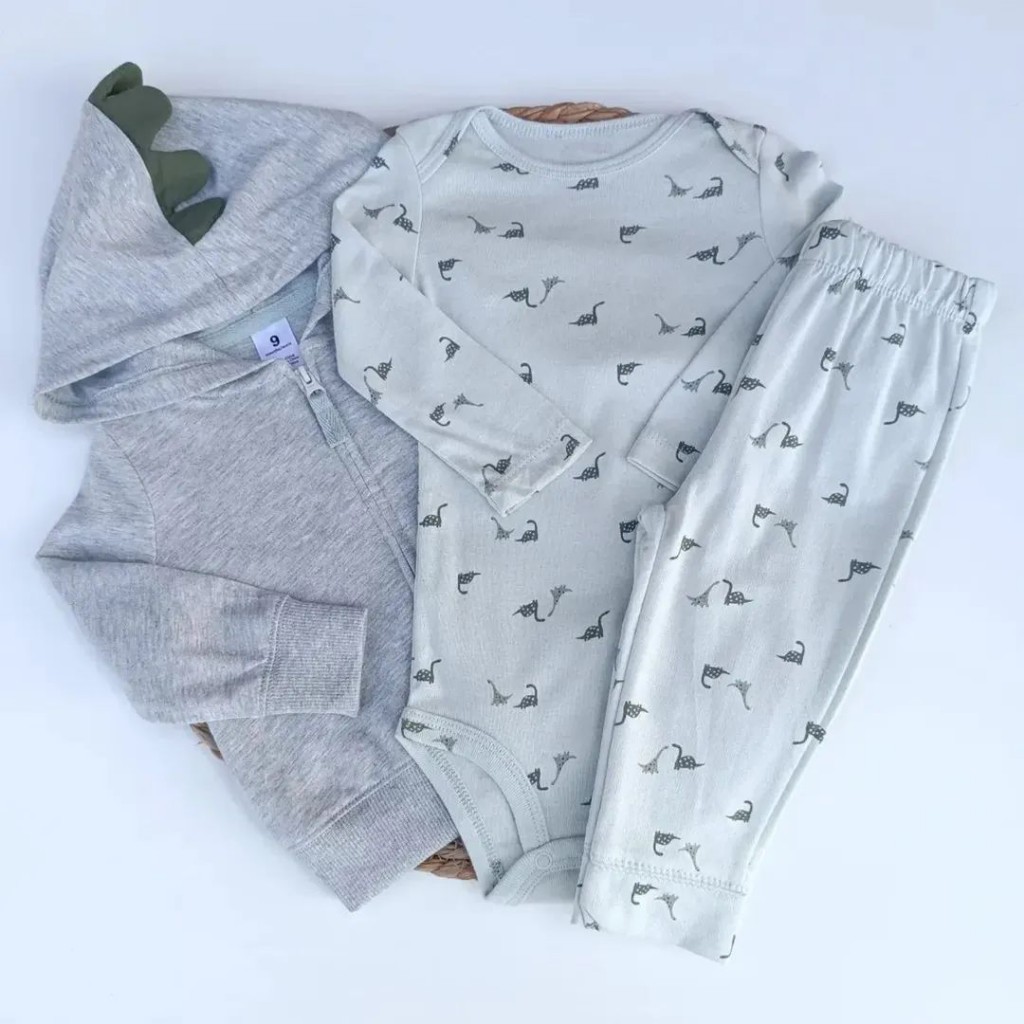 Conjunto de dinosaurio gris con verde agua
