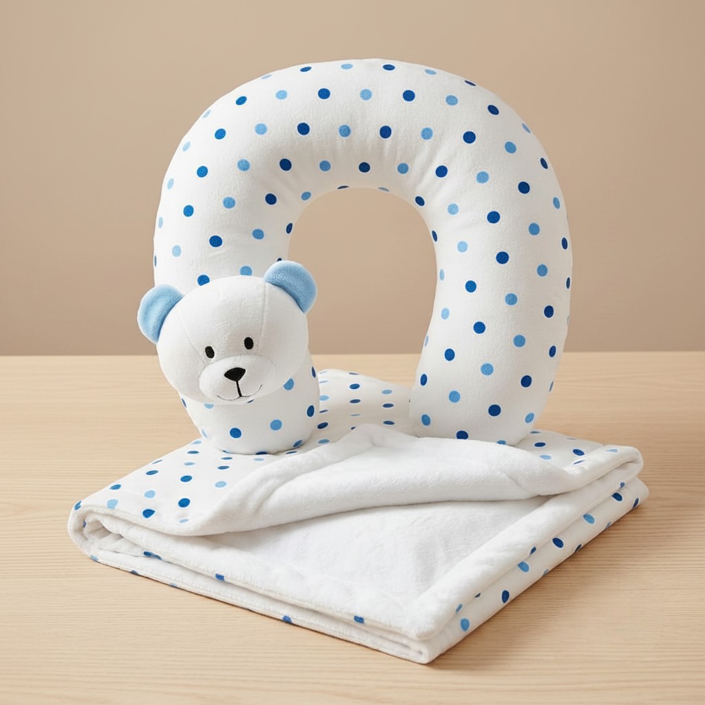Manta felpuda con almohada motas azul
