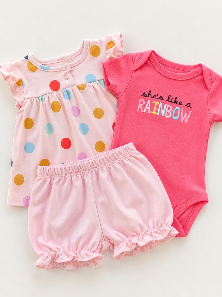 Conjunto rosa con motas de colores 3 piezas