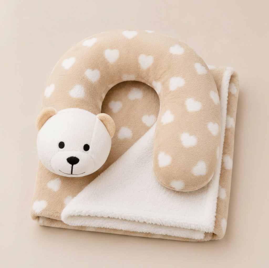 Manta felpuda con almohada beige corazones