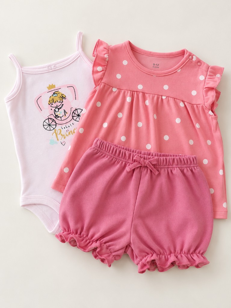 Conjunto rosa a motas blancas