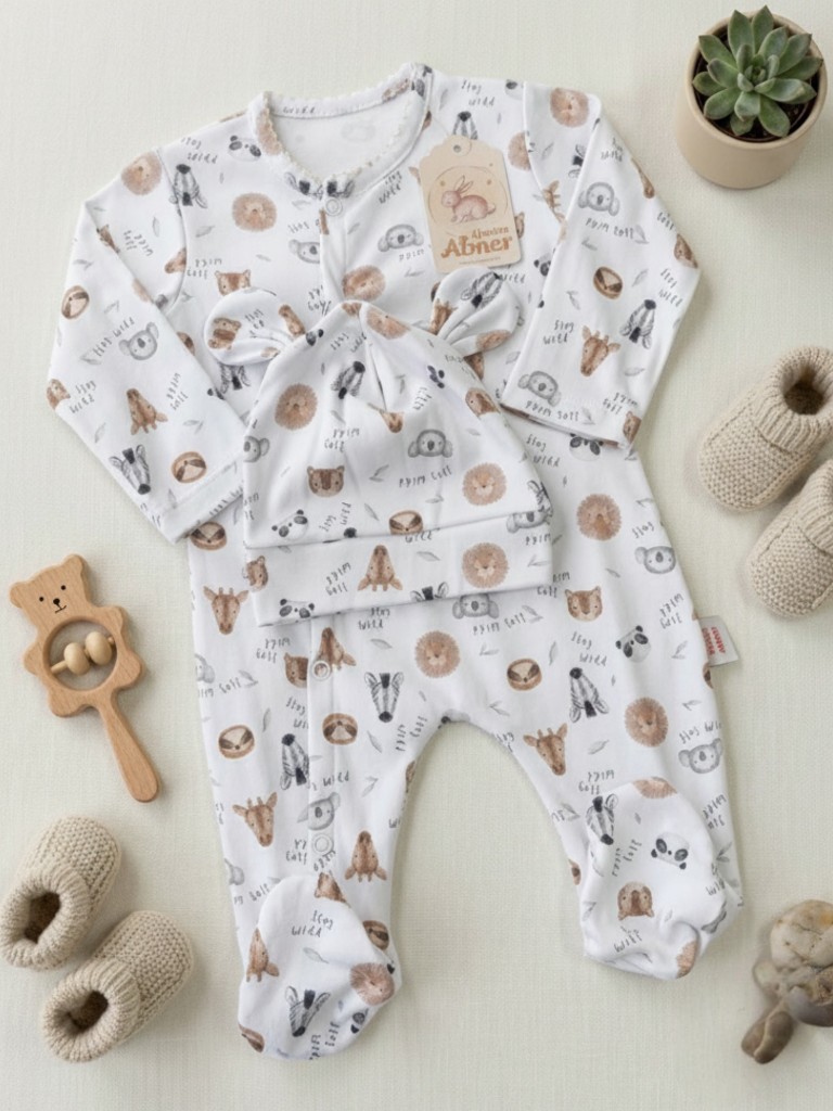 Set de enterizo con gorrita blanco estampado zebra león