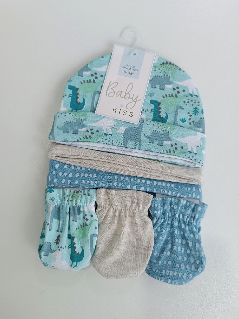 Set de gorras y manoplas dino celeste