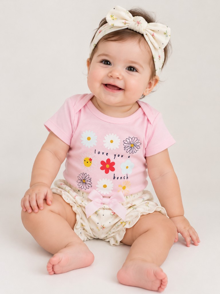 Conjunto rosa con flores y shorts beige 3 piezas