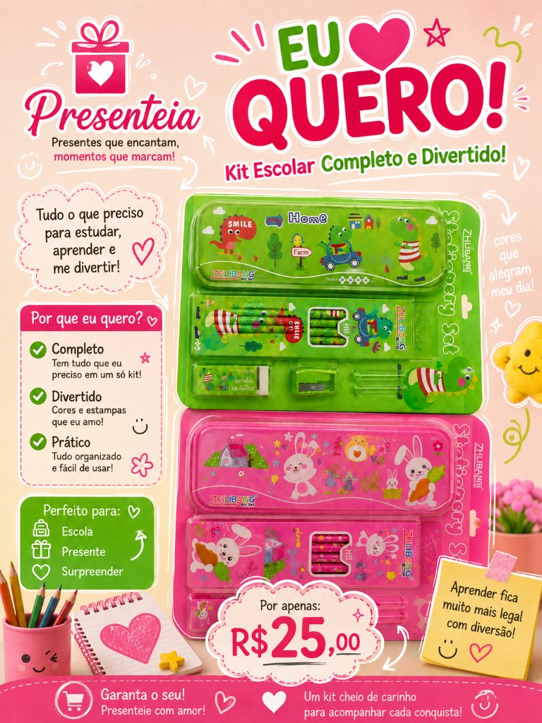 Kit escolar com estojo