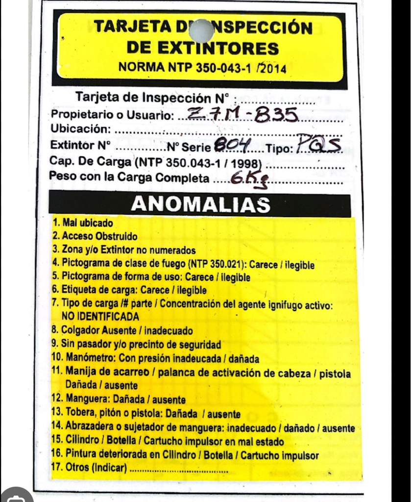 Tarjeta de inspección para extintor