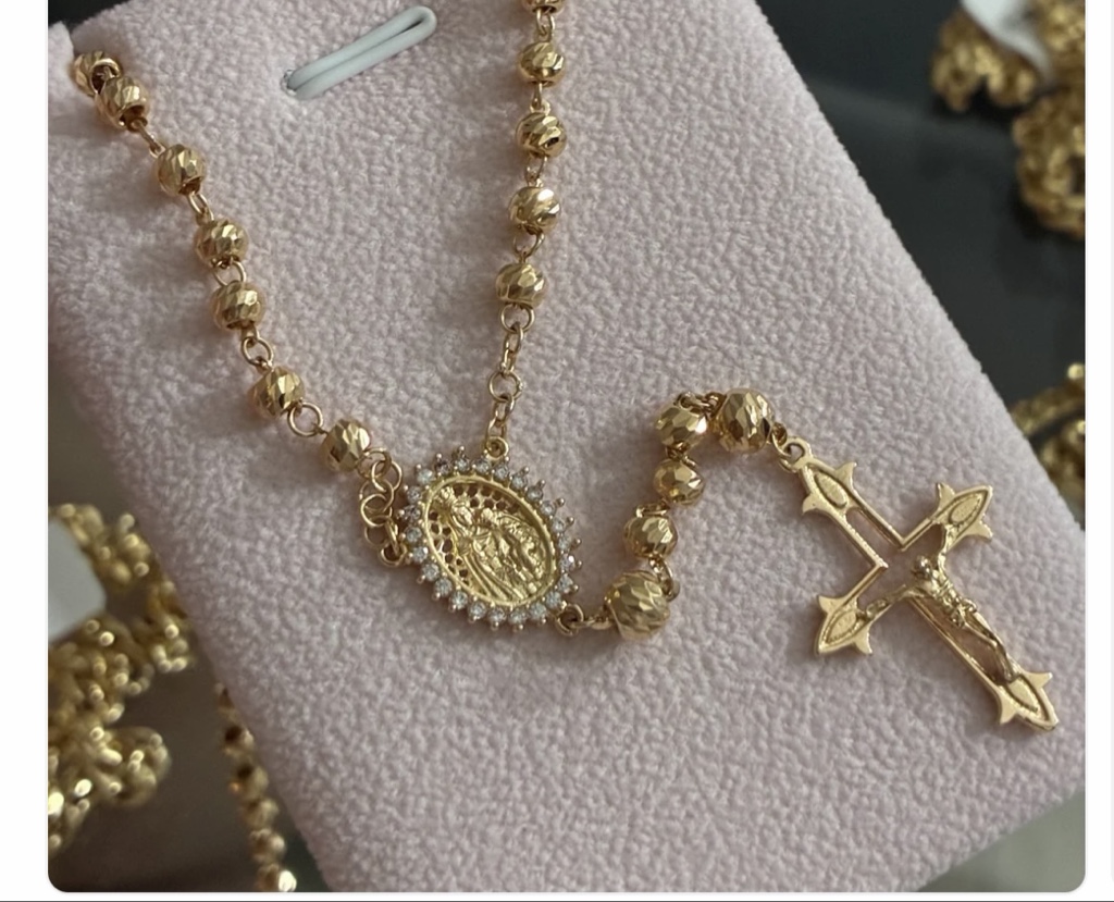 ROSARIO BOLAS DIAMANTADAS 4/5MM + VIRGEN PIEDRAS BLANCAS ORO AMARILLO COL 18K 60CM - 11,55GR