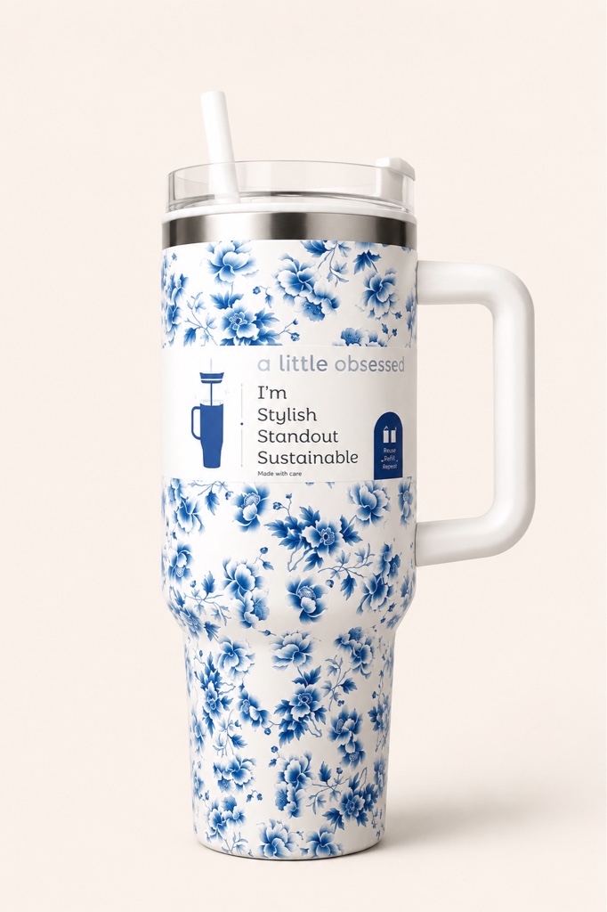 Termo blanco con Flores azules