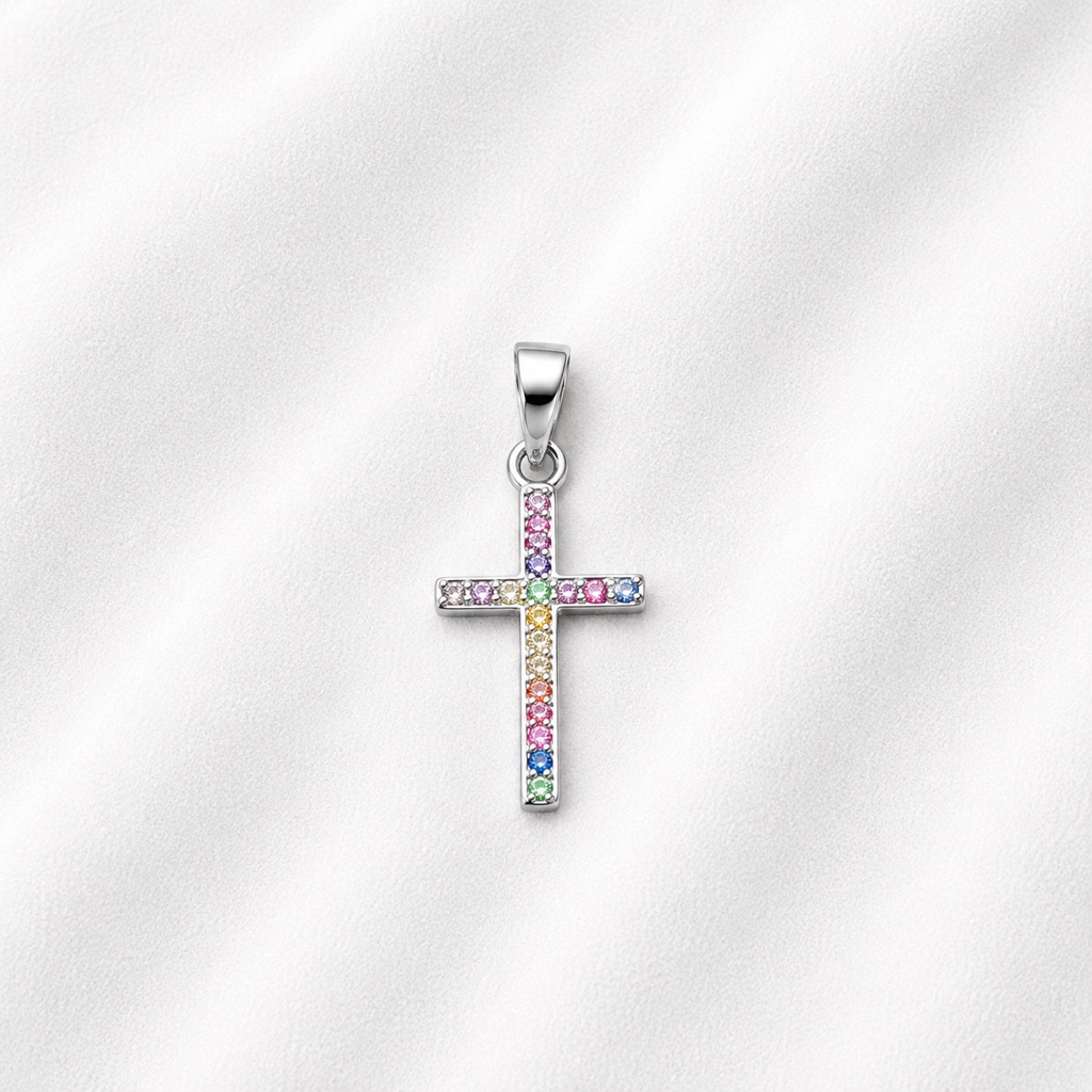 Dije de Cruz de colores y piedra blanca