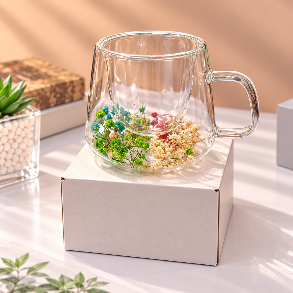 TAZA VIDRIO DOBLE PARED CON FLORES