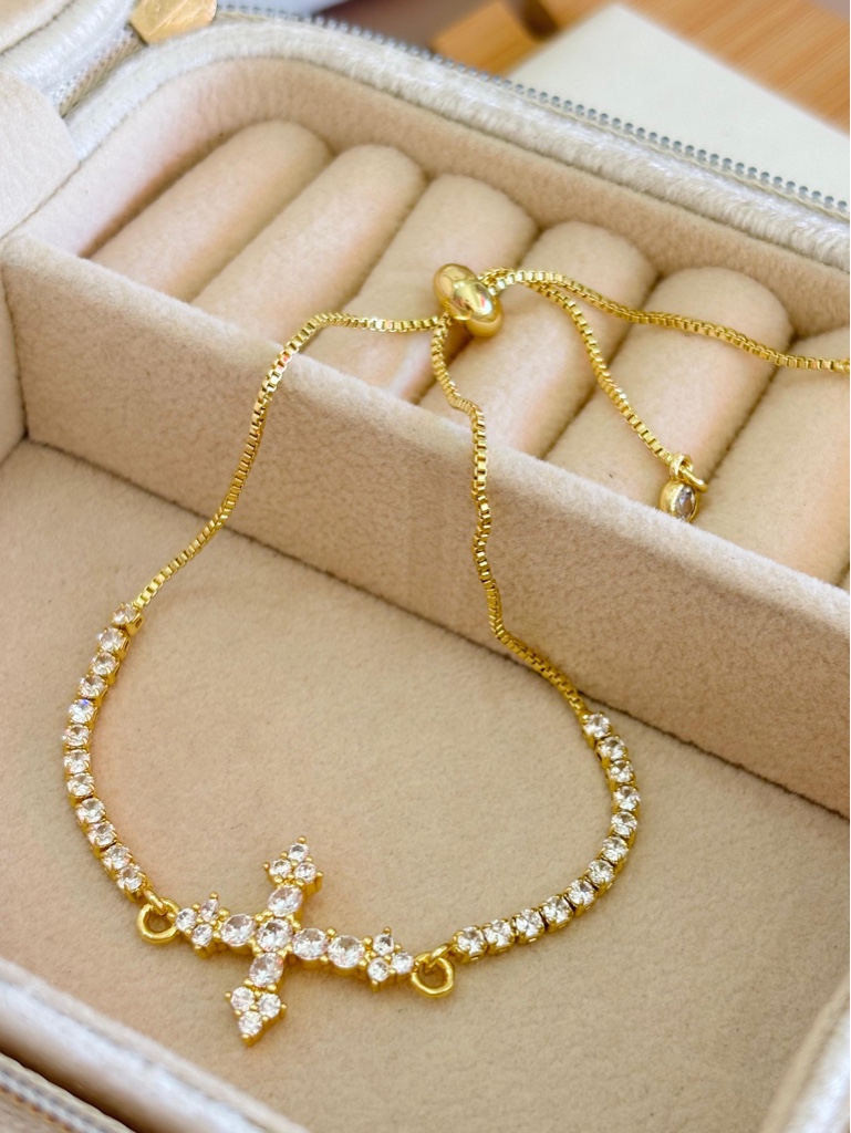 Pulsera Cruz Crystal | Oro Laminado