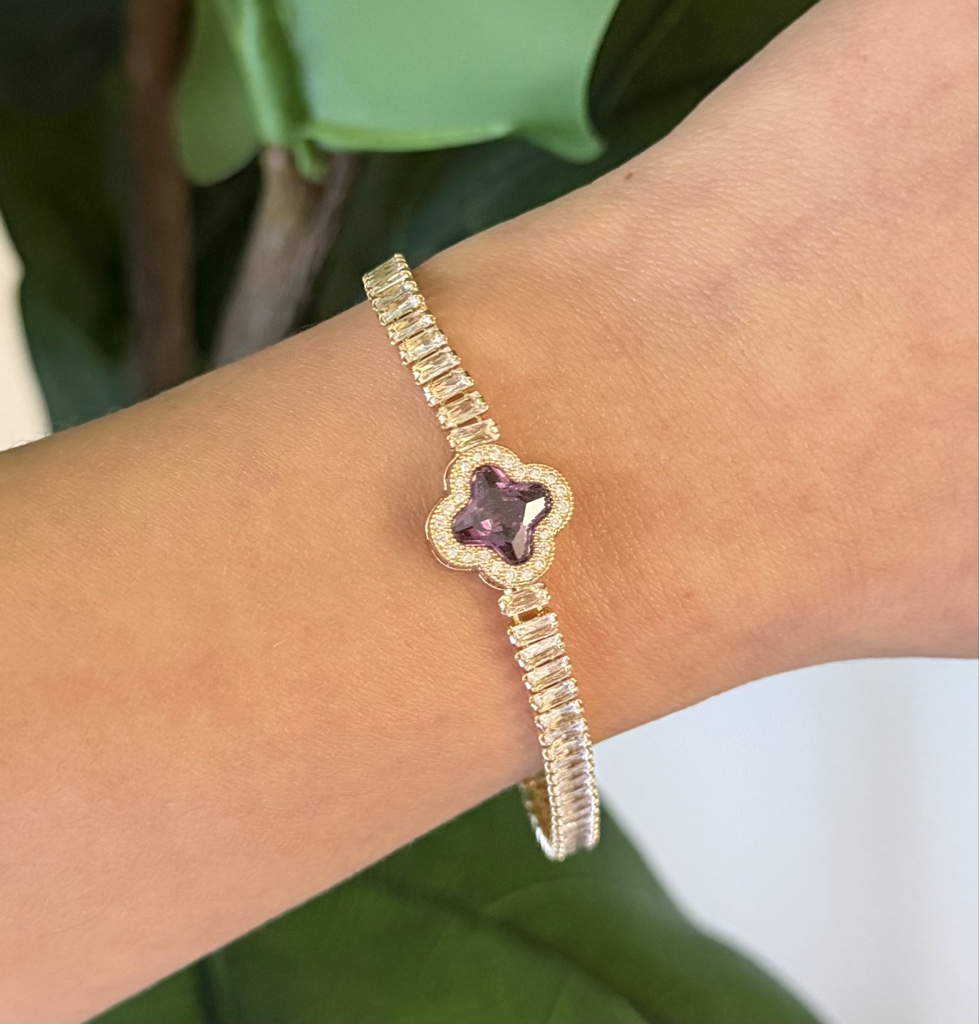 Pulsera Trébol Amatista Crystal | Oro Laminado