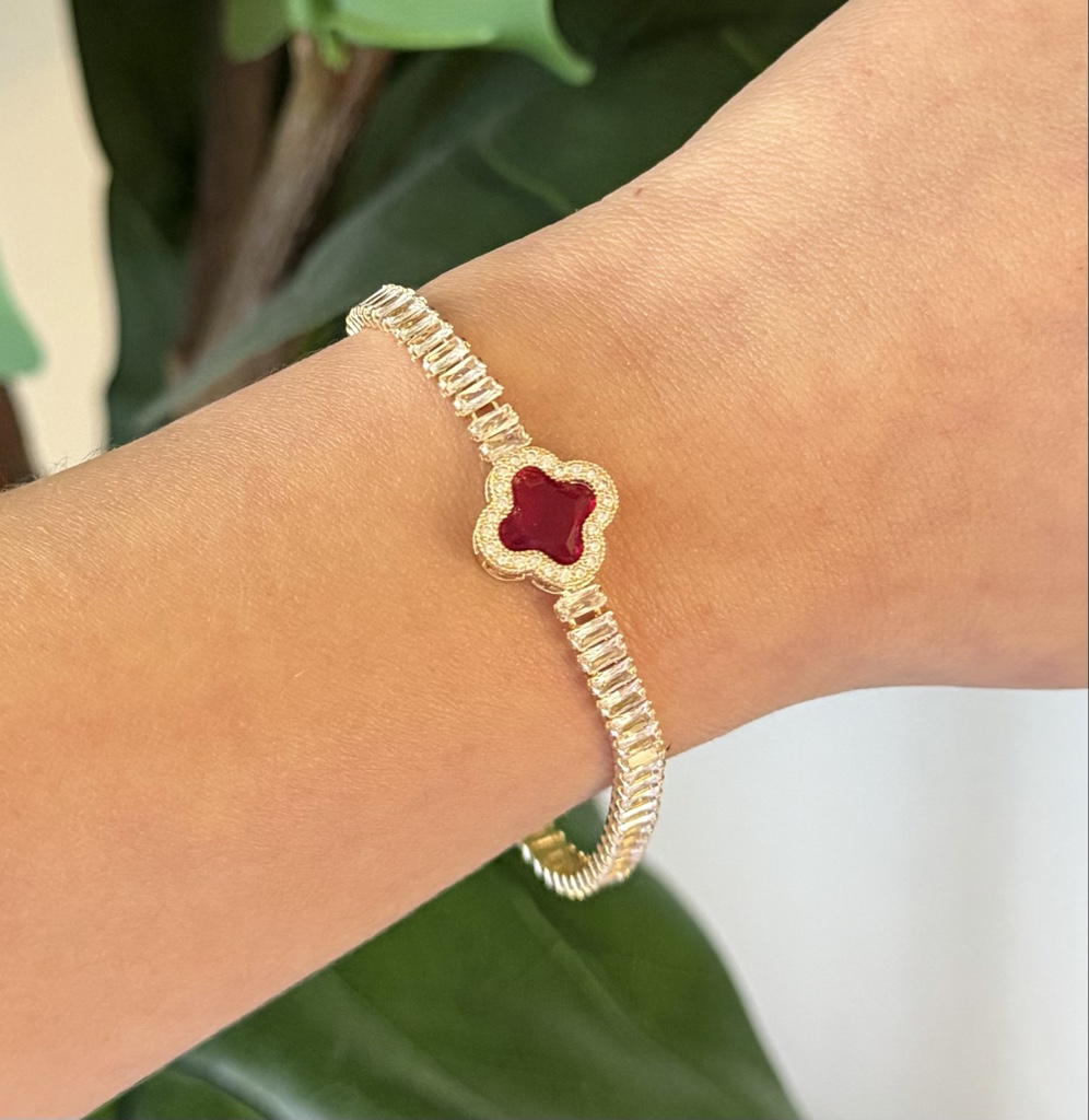 Pulsera Trébol Rubí Crystal | Oro Laminado