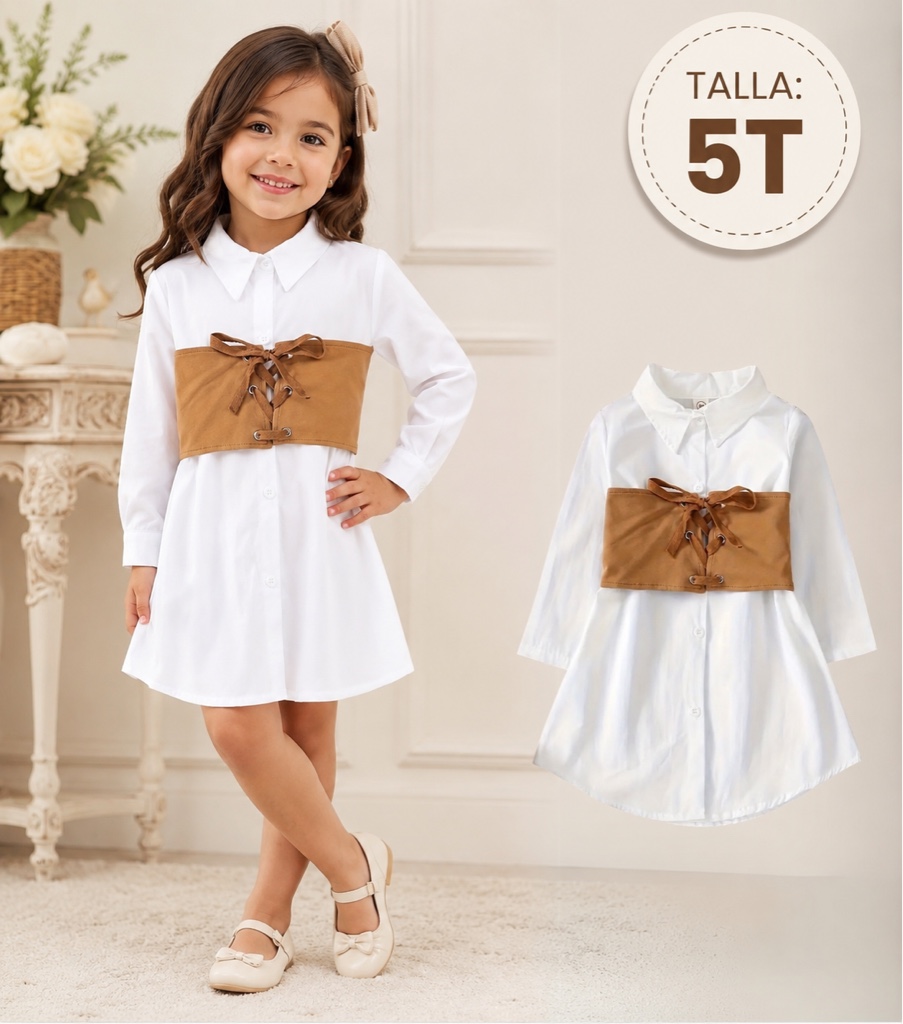 Vestido blanco con pretina cafe 5T