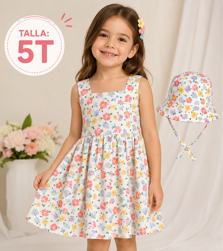 Vestido floral multicolor 5T con sombrero