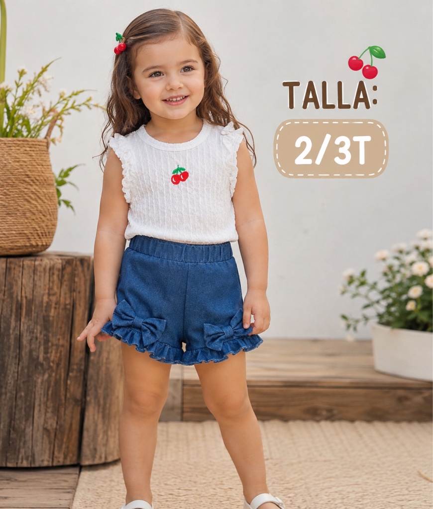 Conjunto niña blanco y azul cerezas 2/3T