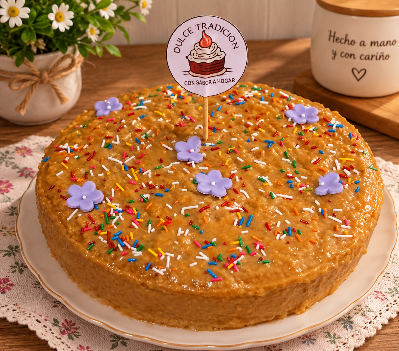 Pastel dulce tradicional decorado con sprinkles y flores