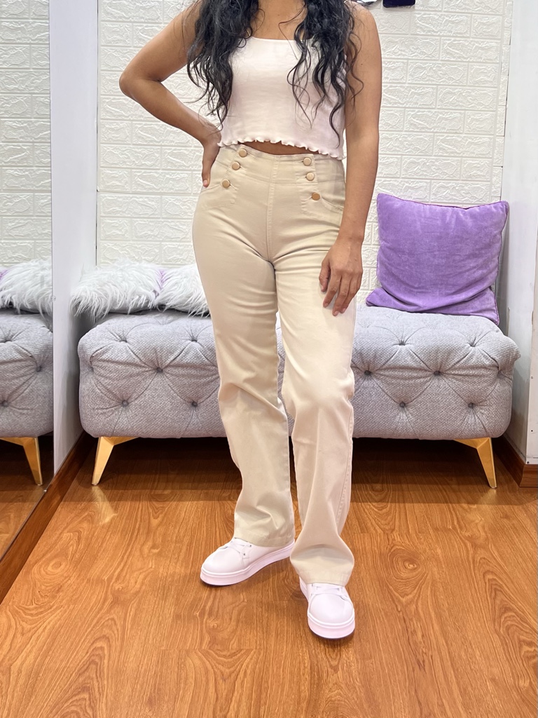 Pant. Recto Botones Tipo Pana Verde Beige