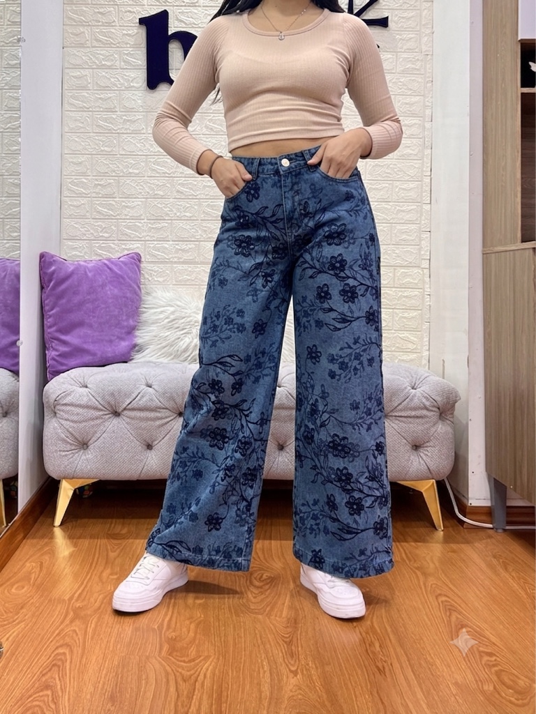 Wide Leg Floreado Azul Oscuro