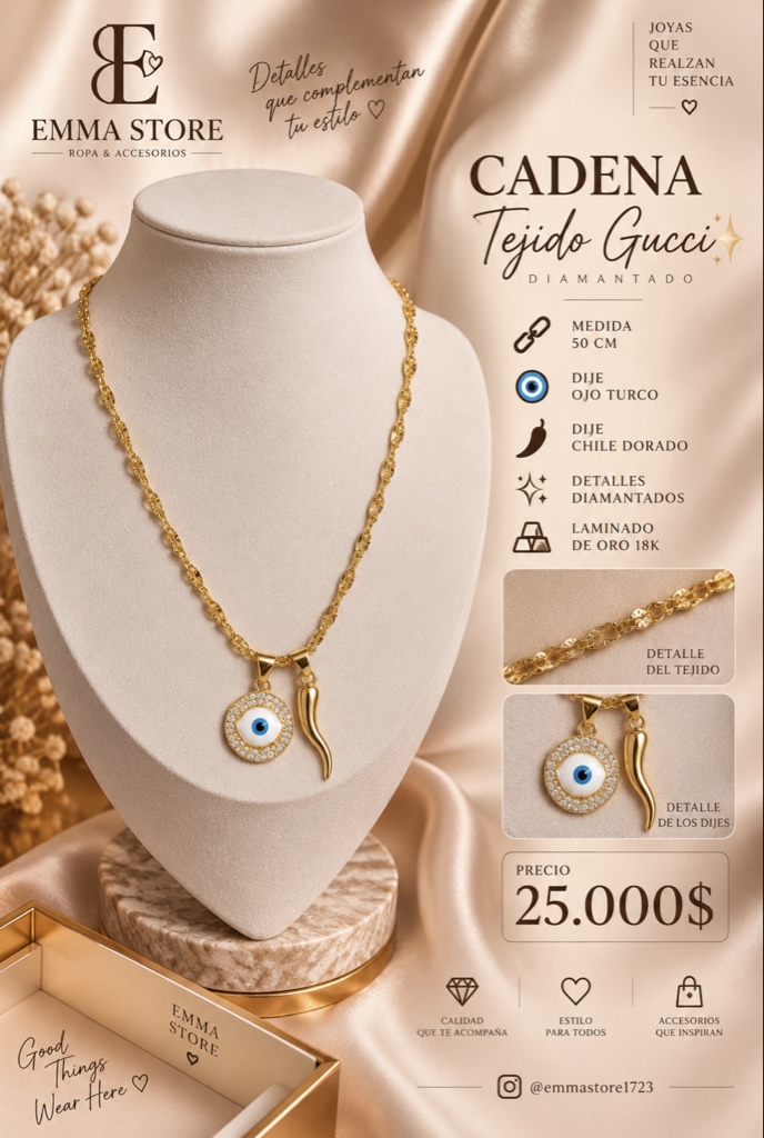 Cadena Tejido Gucci diamantada con dije ojo turco y chile dorado