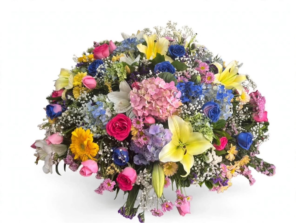 Arreglo multicolor de flores cubre caja