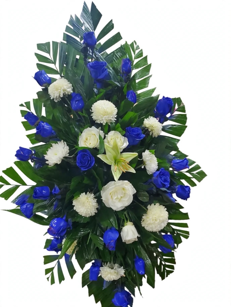 Cascada floral azul y blanco