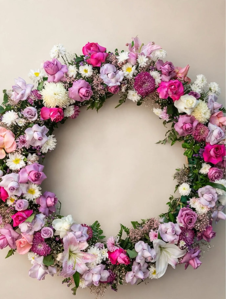 Corona floral rosa y lila