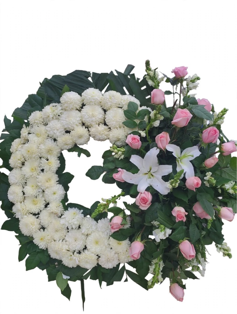 Corona funeral blanca y rosa