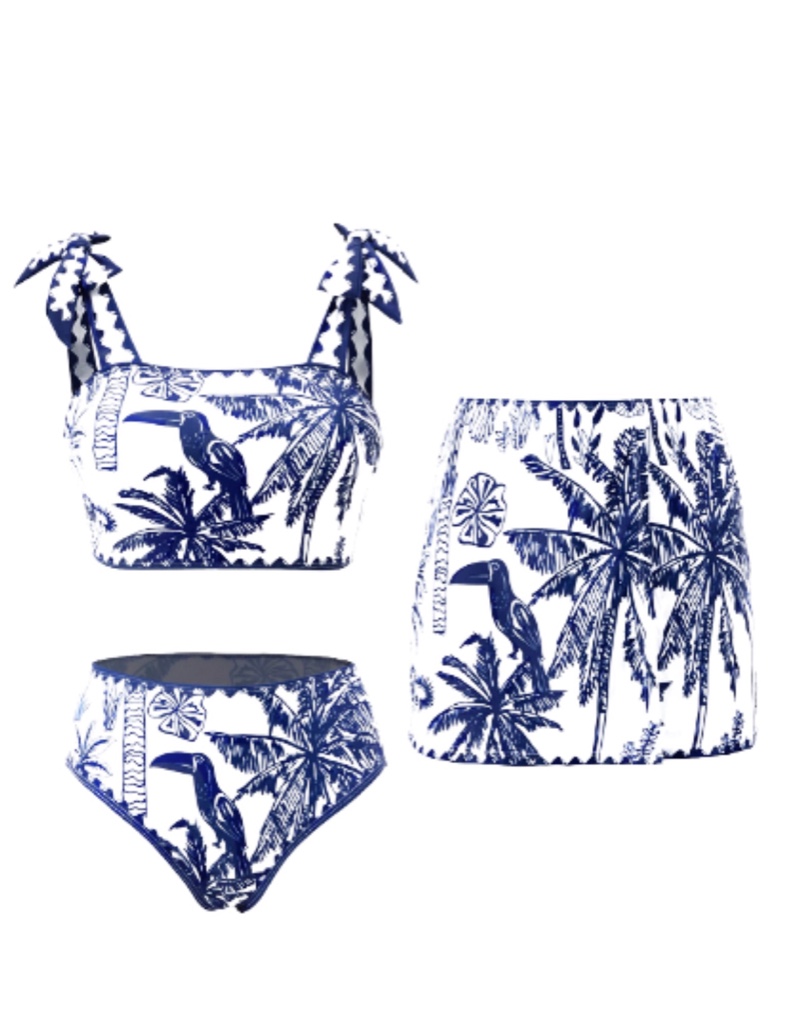 Bikini azul estampado tropical set 3 piezas
