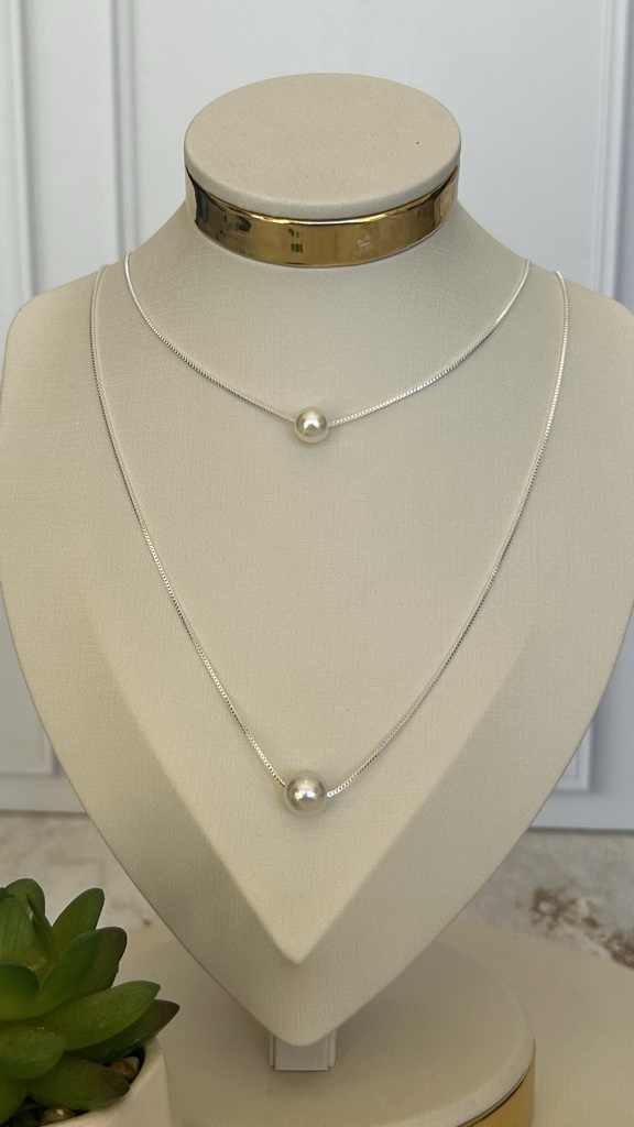 Collar doble plateado con perla
