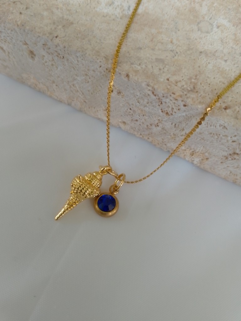 Gold Shell Blue Stone Charm Necklace