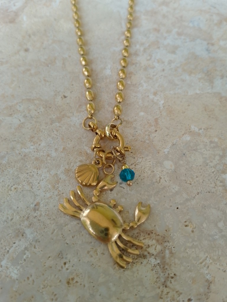 Shell Crab Charm Necklace |Stainless Steel with Shell and Blue Round