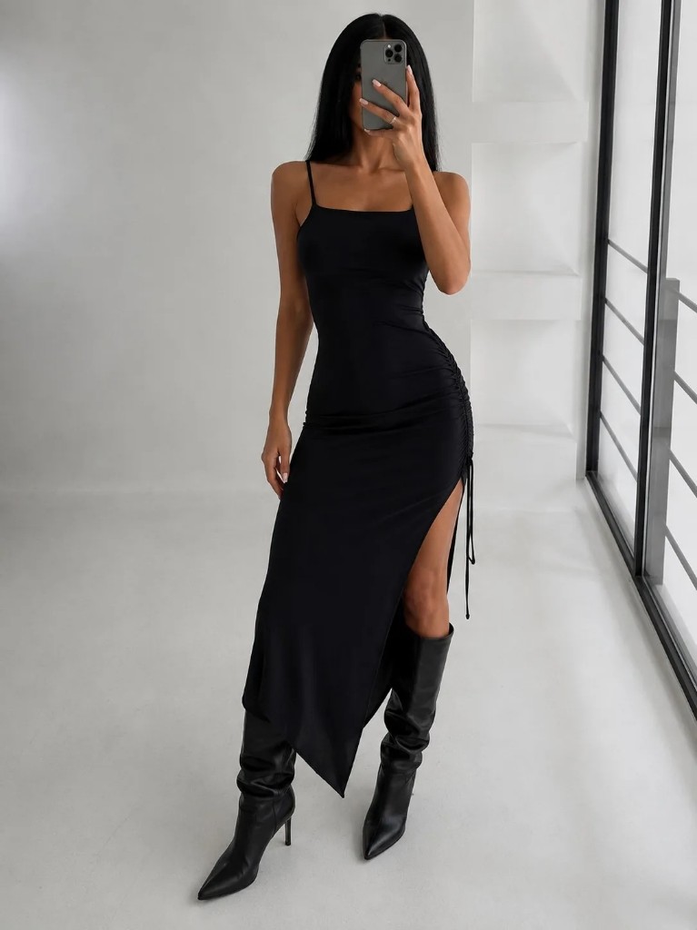 Vestido microfibra largo frunce negro