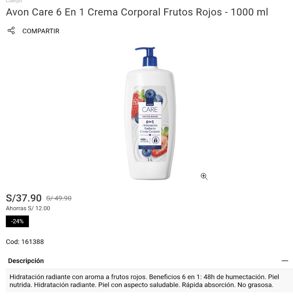 Crema corporal frutos rojos 1L -Avon