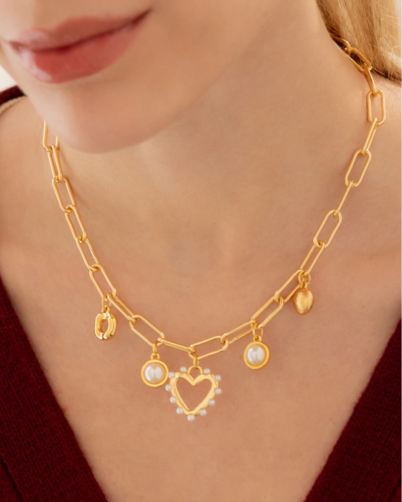 Collar Multicharms Corazón Perla + Aretes
